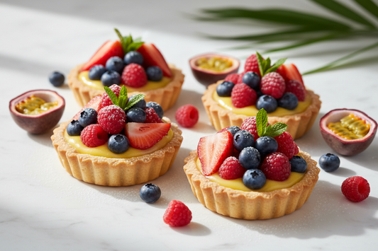 set of 4 tropical tartlets with berries on top